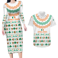 Ireland Christmas Couples Matching Long Sleeve Bodycon Dress and Hawaiian Shirt with Celtic Knot Shamrock and Tricolor Holiday Pattern - Wonder Print Shop