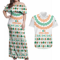 Ireland Christmas Couples Matching Off Shoulder Maxi Dress and Hawaiian Shirt with Celtic Knot Shamrock and Tricolor Holiday Pattern - Wonder Print Shop