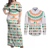 Ireland Christmas Couples Matching Off Shoulder Maxi Dress and Long Sleeve Button Shirt with Celtic Knot Shamrock and Tricolor Holiday Pattern - Wonder Print Shop