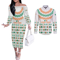 Ireland Christmas Couples Matching Off The Shoulder Long Sleeve Dress and Long Sleeve Button Shirt with Celtic Knot Shamrock and Tricolor Holiday Pattern - Wonder Print Shop