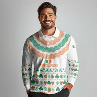 Ireland Christmas Long Sleeve Polo Shirt with Celtic Knot Shamrock and Tricolor Holiday Pattern - Wonder Print Shop