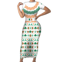Ireland Christmas Short Sleeve Bodycon Dress with Celtic Knot Shamrock and Tricolor Holiday Pattern - Wonder Print Shop