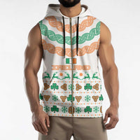 Ireland Christmas Sleeveless Zip Hoodie with Celtic Knot Shamrock and Tricolor Holiday Pattern - Wonder Print Shop