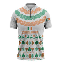 Ireland Christmas Zipper Polo Shirt with Celtic Knot Shamrock and Tricolor Holiday Pattern - Wonder Print Shop