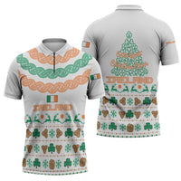 Ireland Christmas Zipper Polo Shirt with Celtic Knot Shamrock and Tricolor Holiday Pattern - Wonder Print Shop