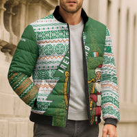 Ireland Christmas Bomber Puffer Jacket with Celtic Harp Santa and Green Holiday Pattern - Wonder Print Shop