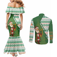 Ireland Christmas Couples Matching Mermaid Dress and Long Sleeve Button Shirt with Celtic Harp Santa and Green Holiday Pattern - Wonder Print Shop