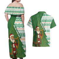 Ireland Christmas Couples Matching Off Shoulder Maxi Dress and Hawaiian Shirt with Celtic Harp Santa and Green Holiday Pattern - Wonder Print Shop