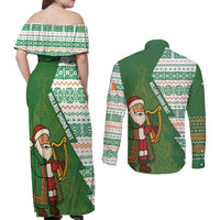 Ireland Christmas Couples Matching Off Shoulder Maxi Dress and Long Sleeve Button Shirt with Celtic Harp Santa and Green Holiday Pattern - Wonder Print Shop