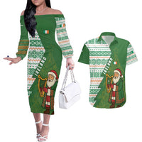 Ireland Christmas Couples Matching Off The Shoulder Long Sleeve Dress and Hawaiian Shirt with Celtic Harp Santa and Green Holiday Pattern - Wonder Print Shop