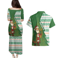 Ireland Christmas Couples Matching Puletasi and Hawaiian Shirt with Celtic Harp Santa and Green Holiday Pattern - Wonder Print Shop