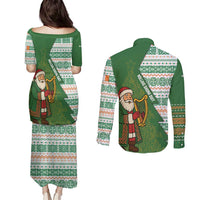 Ireland Christmas Couples Matching Puletasi and Long Sleeve Button Shirt with Celtic Harp Santa and Green Holiday Pattern - Wonder Print Shop