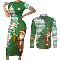 Ireland Christmas Couples Matching Short Sleeve Bodycon Dress and Long Sleeve Button Shirt with Celtic Harp Santa and Green Holiday Pattern - Wonder Print Shop