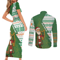 Ireland Christmas Couples Matching Short Sleeve Bodycon Dress and Long Sleeve Button Shirt with Celtic Harp Santa and Green Holiday Pattern - Wonder Print Shop