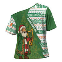 Ireland Christmas Cross Shoulder Shirt with Celtic Harp Santa and Green Holiday Pattern - Wonder Print Shop