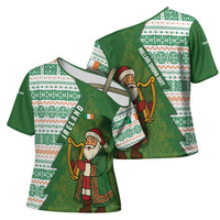 Ireland Christmas Cross Shoulder Shirt with Celtic Harp Santa and Green Holiday Pattern - Wonder Print Shop