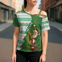 Ireland Christmas Cross Shoulder Shirt with Celtic Harp Santa and Green Holiday Pattern - Wonder Print Shop