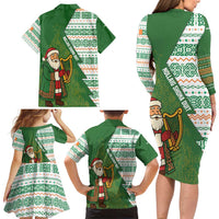 Ireland Christmas Family Matching Long Sleeve Bodycon Dress and Hawaiian Shirt with Celtic Harp Santa and Green Holiday Pattern - Wonder Print Shop