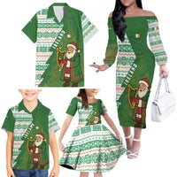 Ireland Christmas Family Matching Off The Shoulder Long Sleeve Dress and Hawaiian Shirt with Celtic Harp Santa and Green Holiday Pattern - Wonder Print Shop