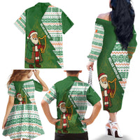 Ireland Christmas Family Matching Off The Shoulder Long Sleeve Dress and Hawaiian Shirt with Celtic Harp Santa and Green Holiday Pattern - Wonder Print Shop