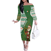 Ireland Christmas Family Matching Off The Shoulder Long Sleeve Dress and Hawaiian Shirt with Celtic Harp Santa and Green Holiday Pattern - Wonder Print Shop