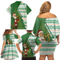 Ireland Christmas Family Matching Off Shoulder Short Dress and Hawaiian Shirt with Celtic Harp Santa and Green Holiday Pattern - Wonder Print Shop