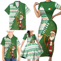 Ireland Christmas Family Matching Short Sleeve Bodycon Dress and Hawaiian Shirt with Celtic Harp Santa and Green Holiday Pattern - Wonder Print Shop