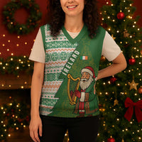 Ireland Christmas Knitted V-Neck Vest with Celtic Harp Santa and Green Holiday Pattern - Wonder Print Shop