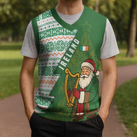 Ireland Christmas Knitted V-Neck Vest with Celtic Harp Santa and Green Holiday Pattern - Wonder Print Shop