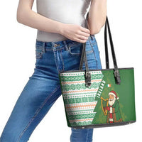 Ireland Christmas Leather Tote Bag with Celtic Harp Santa and Green Holiday Pattern - Wonder Print Shop