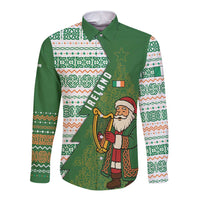 Ireland Christmas Long Sleeve Button Shirt with Celtic Harp Santa and Green Holiday Pattern - Wonder Print Shop
