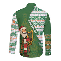 Ireland Christmas Long Sleeve Button Shirt with Celtic Harp Santa and Green Holiday Pattern - Wonder Print Shop