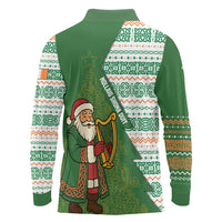 Ireland Christmas Long Sleeve Polo Shirt with Celtic Harp Santa and Green Holiday Pattern - Wonder Print Shop