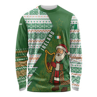 Ireland Christmas Long Sleeve Shirt with Celtic Harp Santa and Green Holiday Pattern - Wonder Print Shop