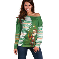 Ireland Christmas Off Shoulder Sweater with Celtic Harp Santa and Green Holiday Pattern - Wonder Print Shop