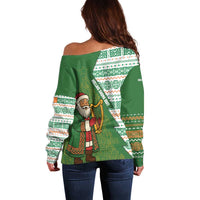 Ireland Christmas Off Shoulder Sweater with Celtic Harp Santa and Green Holiday Pattern - Wonder Print Shop