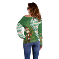 Ireland Christmas Off Shoulder Sweater with Celtic Harp Santa and Green Holiday Pattern - Wonder Print Shop
