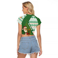 Ireland Christmas Raglan Cropped T Shirt with Celtic Harp Santa and Green Holiday Pattern - Wonder Print Shop