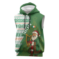 Ireland Christmas Sleeveless Hoodie with Celtic Harp Santa and Green Holiday Pattern - Wonder Print Shop