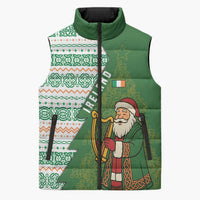 Ireland Christmas Sleeveless Puffer Jacket with Celtic Harp Santa and Green Holiday Pattern - Wonder Print Shop
