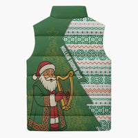 Ireland Christmas Sleeveless Puffer Jacket with Celtic Harp Santa and Green Holiday Pattern - Wonder Print Shop