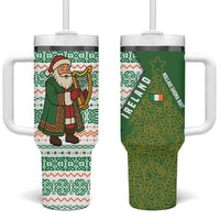 Ireland Christmas Tumbler With Handle with Celtic Harp Santa and Green Holiday Pattern - Wonder Print Shop