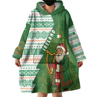 Ireland Christmas Wearable Blanket Hoodie with Celtic Harp Santa and Green Holiday Pattern - Wonder Print Shop