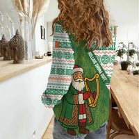 Ireland Christmas Women Casual Shirt with Celtic Harp Santa and Green Holiday Pattern - Wonder Print Shop