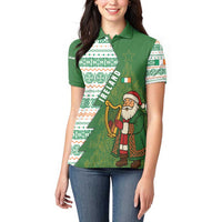 Ireland Christmas Women Polo Shirt with Celtic Harp Santa and Green Holiday Pattern - Wonder Print Shop