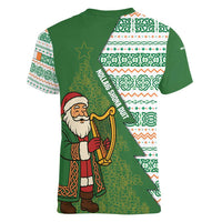 Ireland Christmas Women V-Neck T-Shirt with Celtic Harp Santa and Green Holiday Pattern - Wonder Print Shop