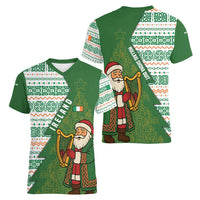Ireland Christmas Women V-Neck T-Shirt with Celtic Harp Santa and Green Holiday Pattern - Wonder Print Shop