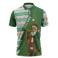 Ireland Christmas Zipper Polo Shirt with Celtic Harp Santa and Green Holiday Pattern - Wonder Print Shop