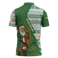 Ireland Christmas Zipper Polo Shirt with Celtic Harp Santa and Green Holiday Pattern - Wonder Print Shop