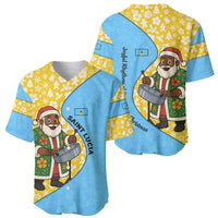 Saint Lucia Christmas Baseball Jersey with Steelpan Santa Floral Pattern and Flag - Wonder Print Shop